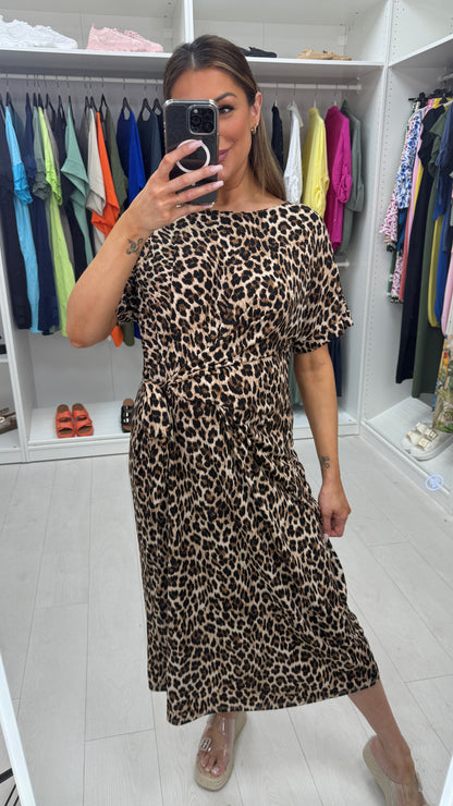 Sellie Leopard Print Tie Front Midi Dress