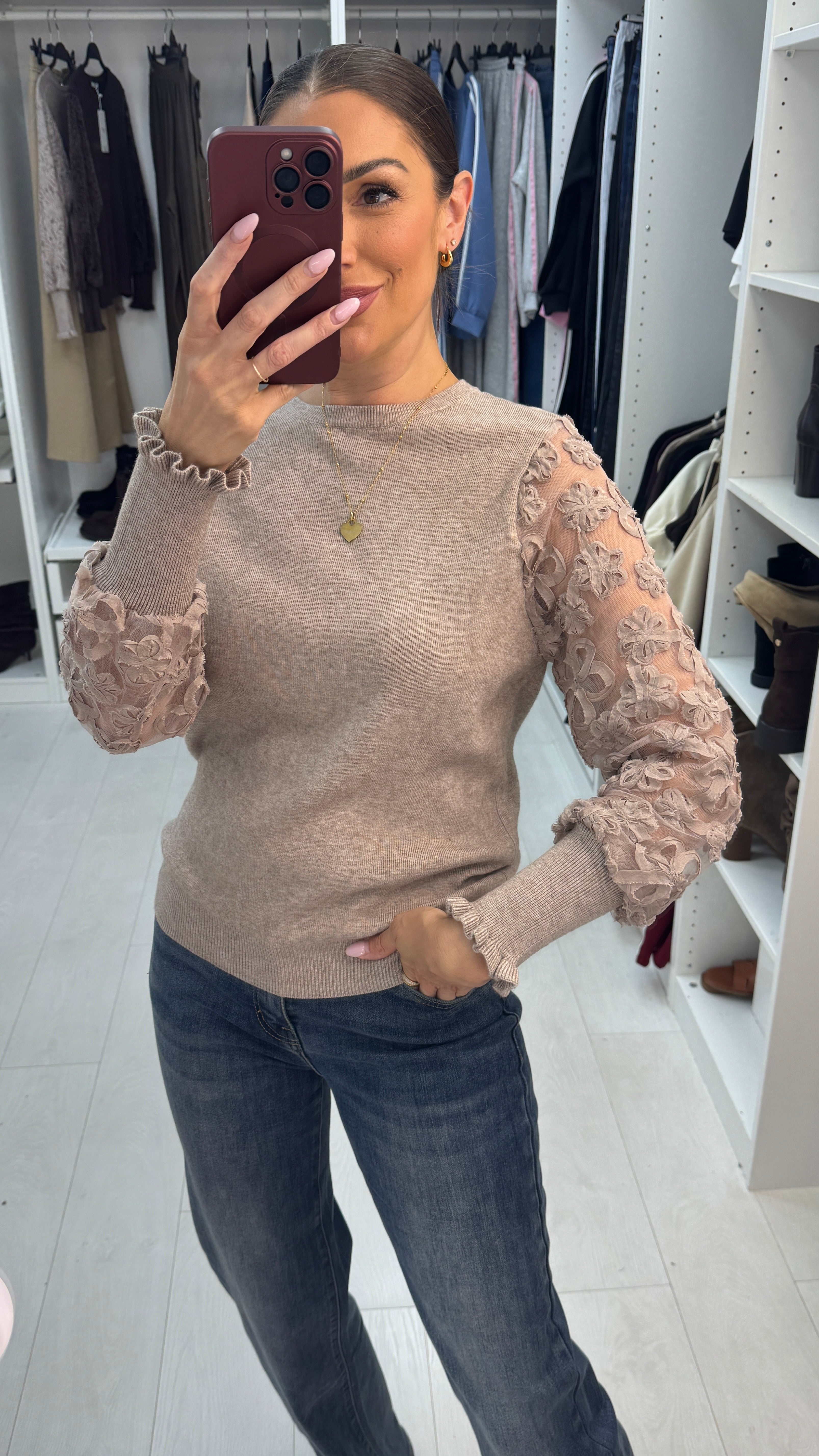 Tanyah Plain Floral Mesh Detailed Sleeve Jumper