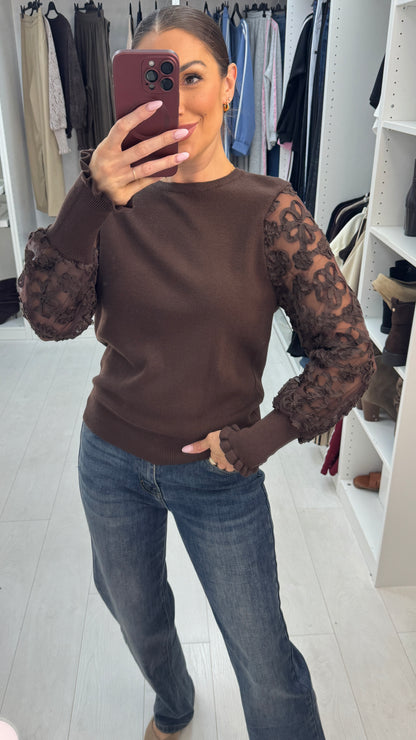 Tanyah Plain Floral Mesh Detailed Sleeve Jumper