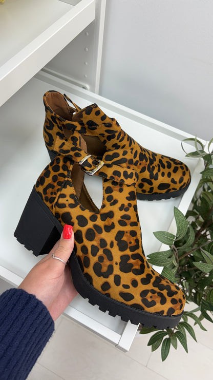 Binnie Leopard Faux Suede Chunky Heel Ankle Boots