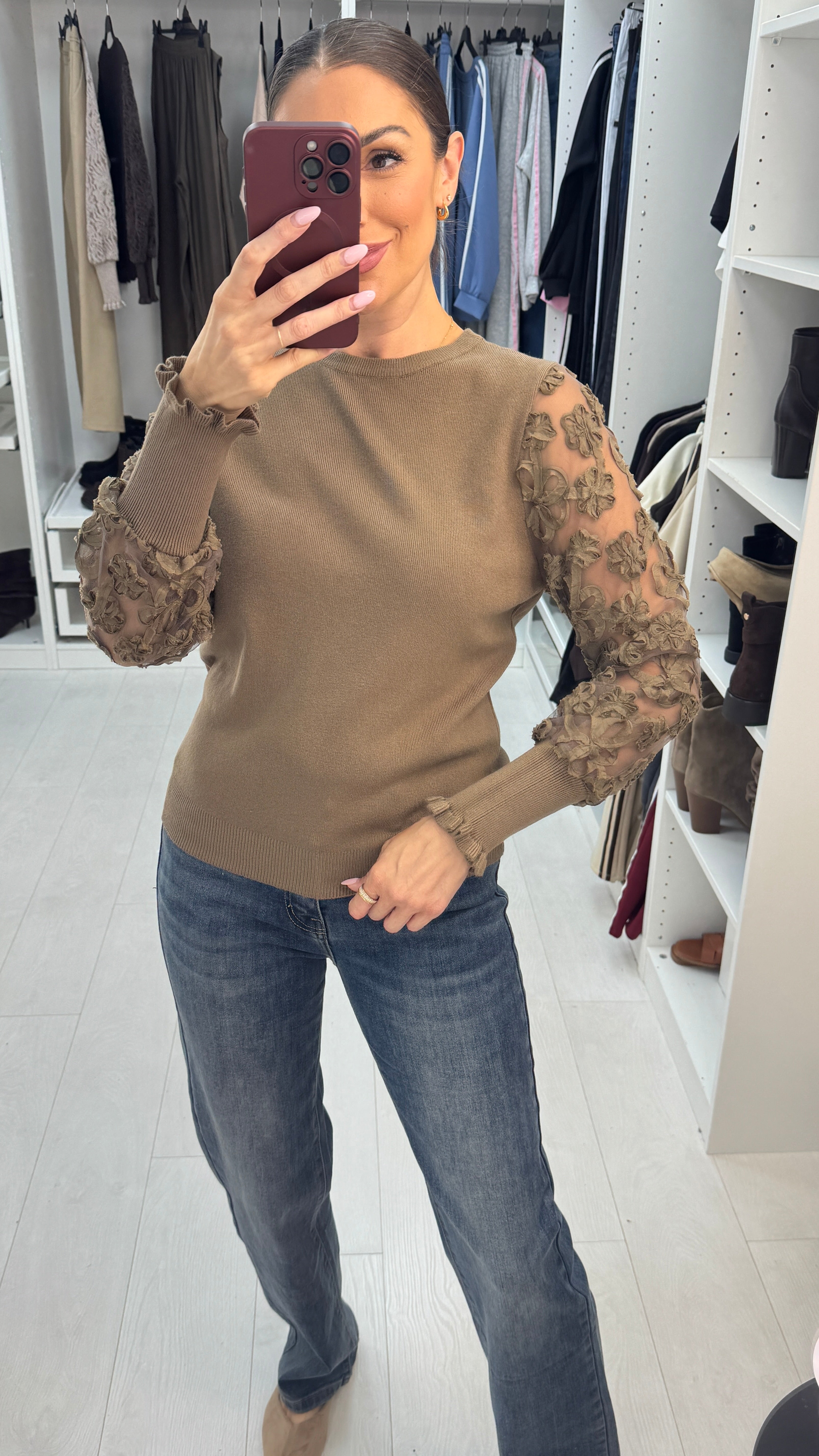 Tanyah Plain Floral Mesh Detailed Sleeve Jumper