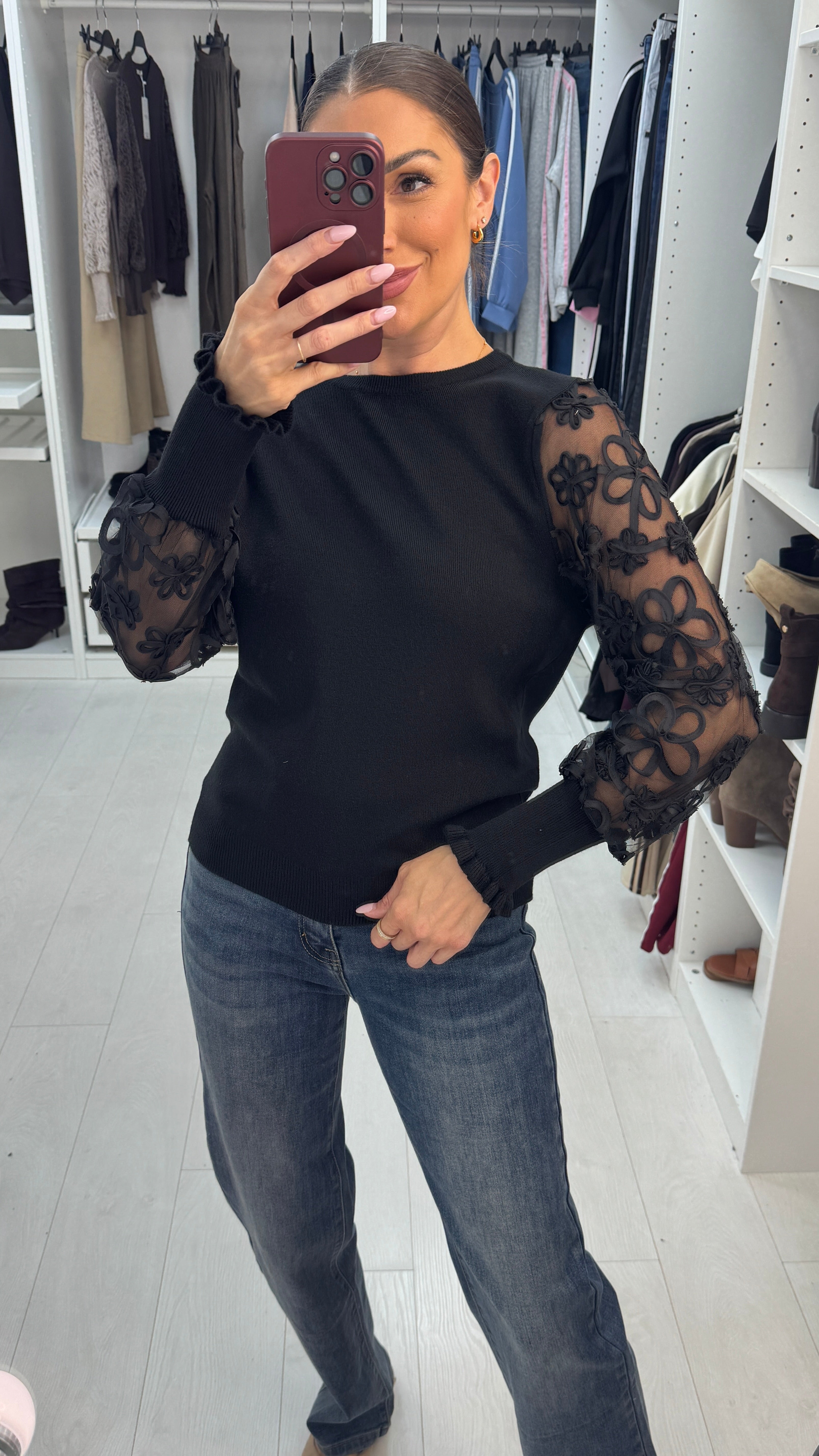 Tanyah Plain Floral Mesh Detailed Sleeve Jumper