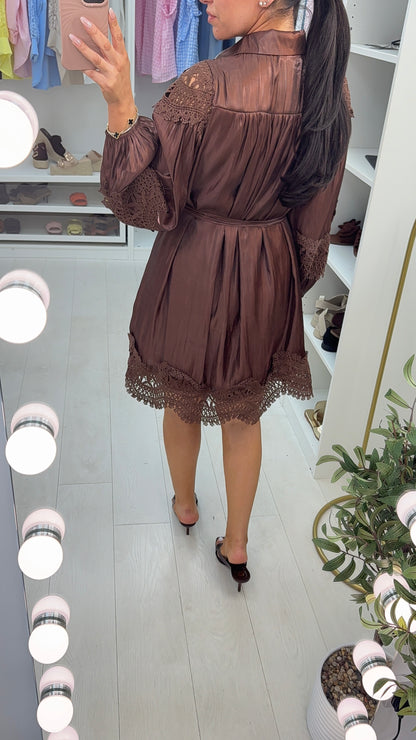 Jennifer Silk Look & Crochet Button Front Belted Dress