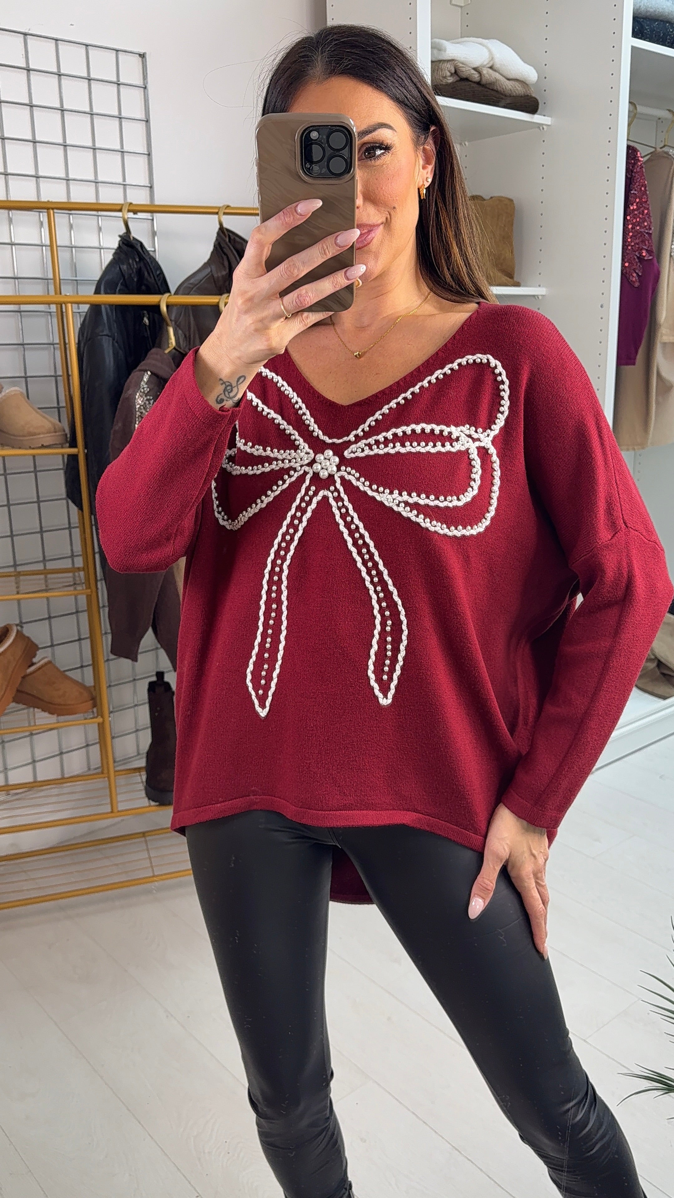 Serina Pearl Embellished Bow Detailed Loose Fit Jumper