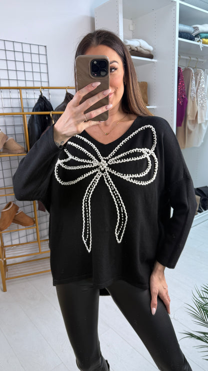 Serina Pearl Embellished Bow Detailed Loose Fit Jumper