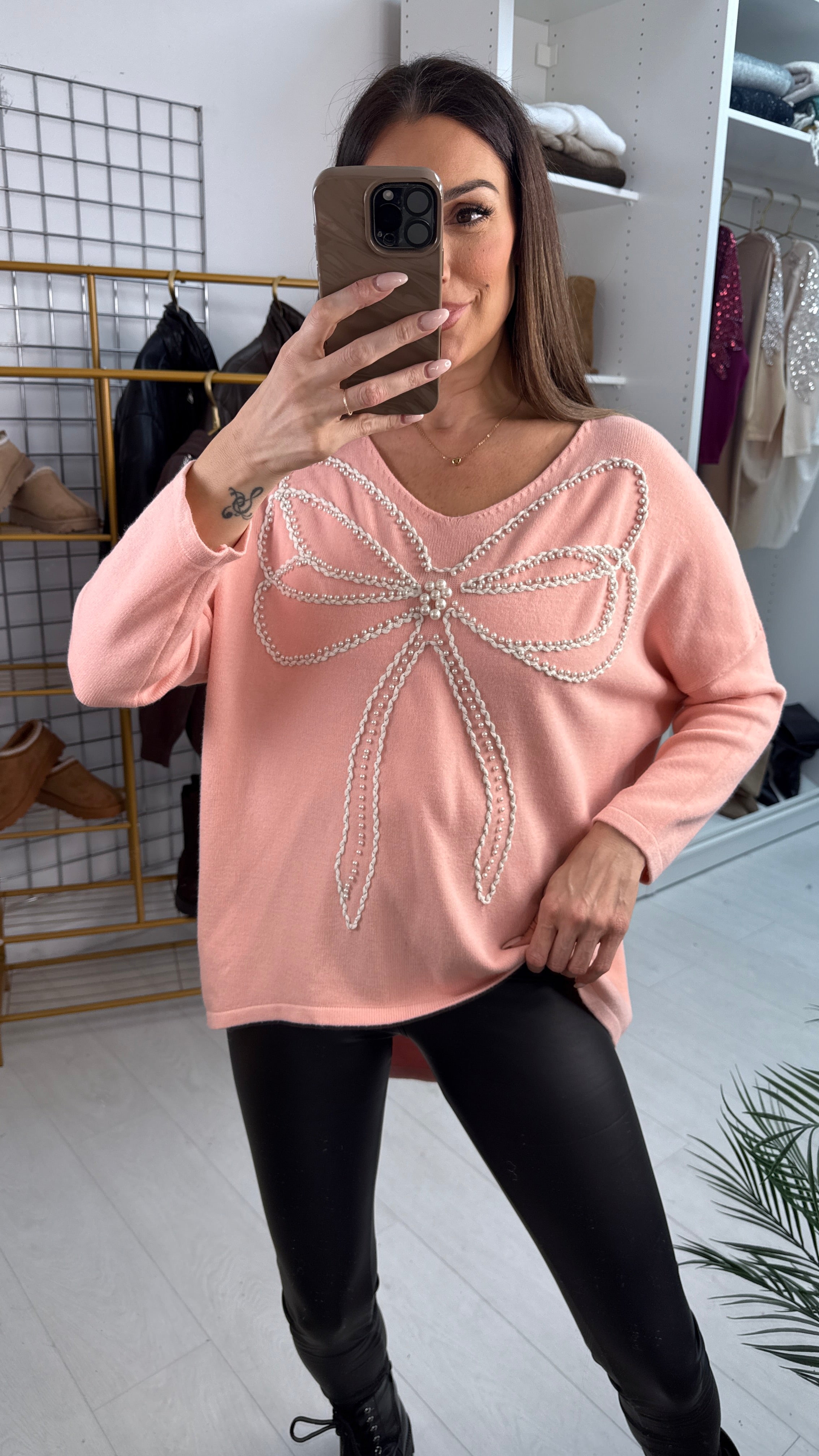 Serina Pearl Embellished Bow Detailed Loose Fit Jumper