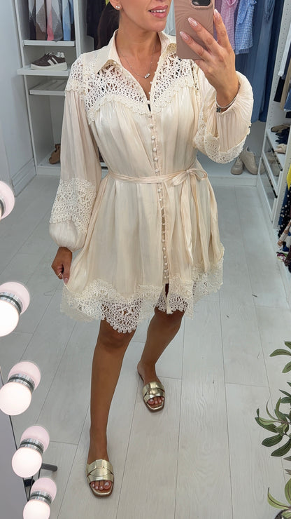 Jennifer Silk Look & Crochet Button Front Belted Dress