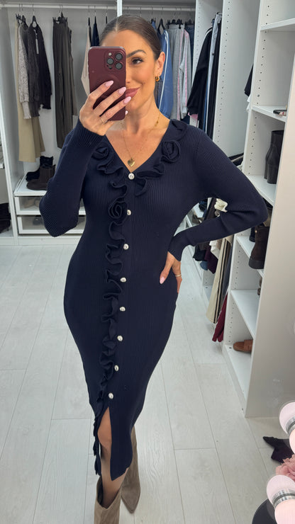 Indira Embellished Ruffle Trim Detail Knit Dress