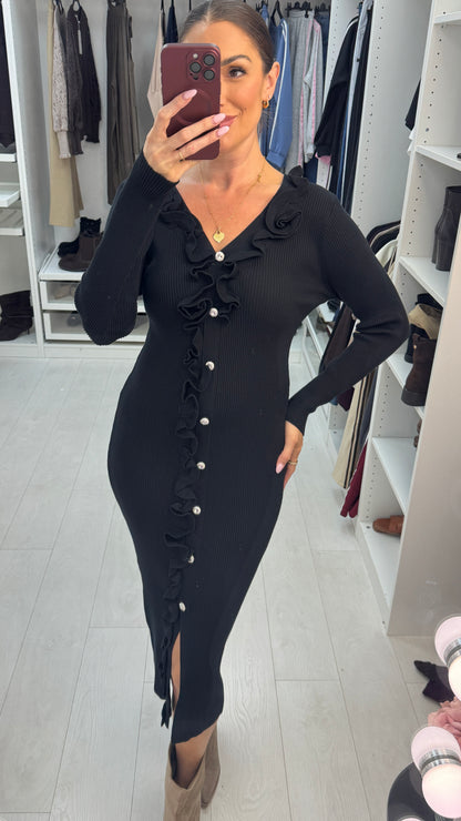 Indira Embellished Ruffle Trim Detail Knit Dress