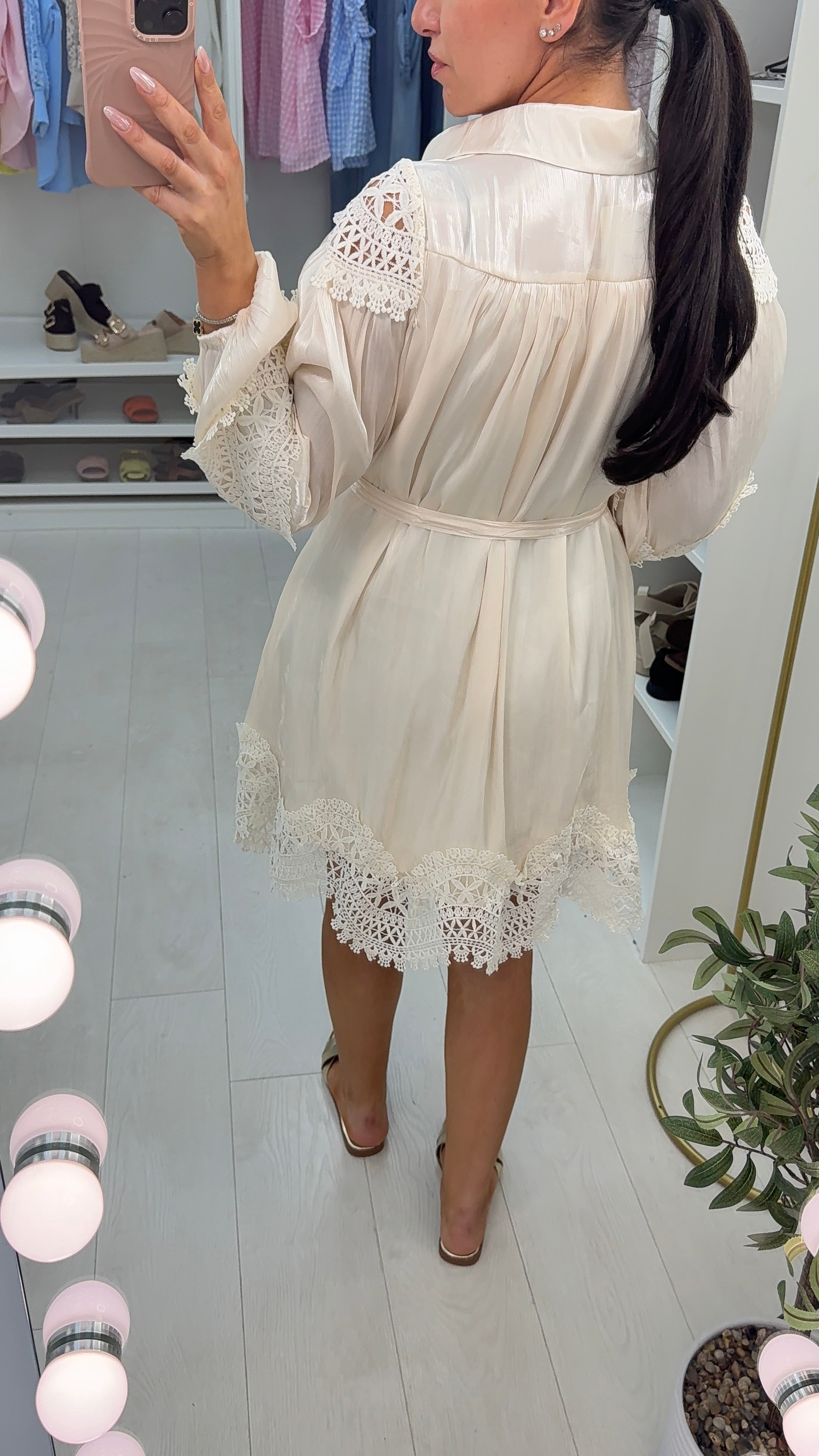 Jennifer Silk Look & Crochet Button Front Belted Dress