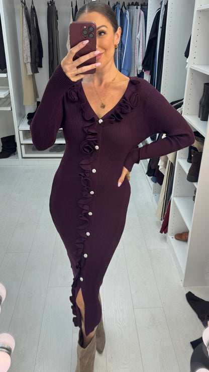 Indira Embellished Ruffle Trim Detail Knit Dress