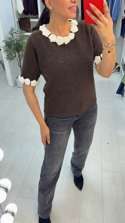 Ulani Crochet Flower Detailed Short Sleeve Jumper