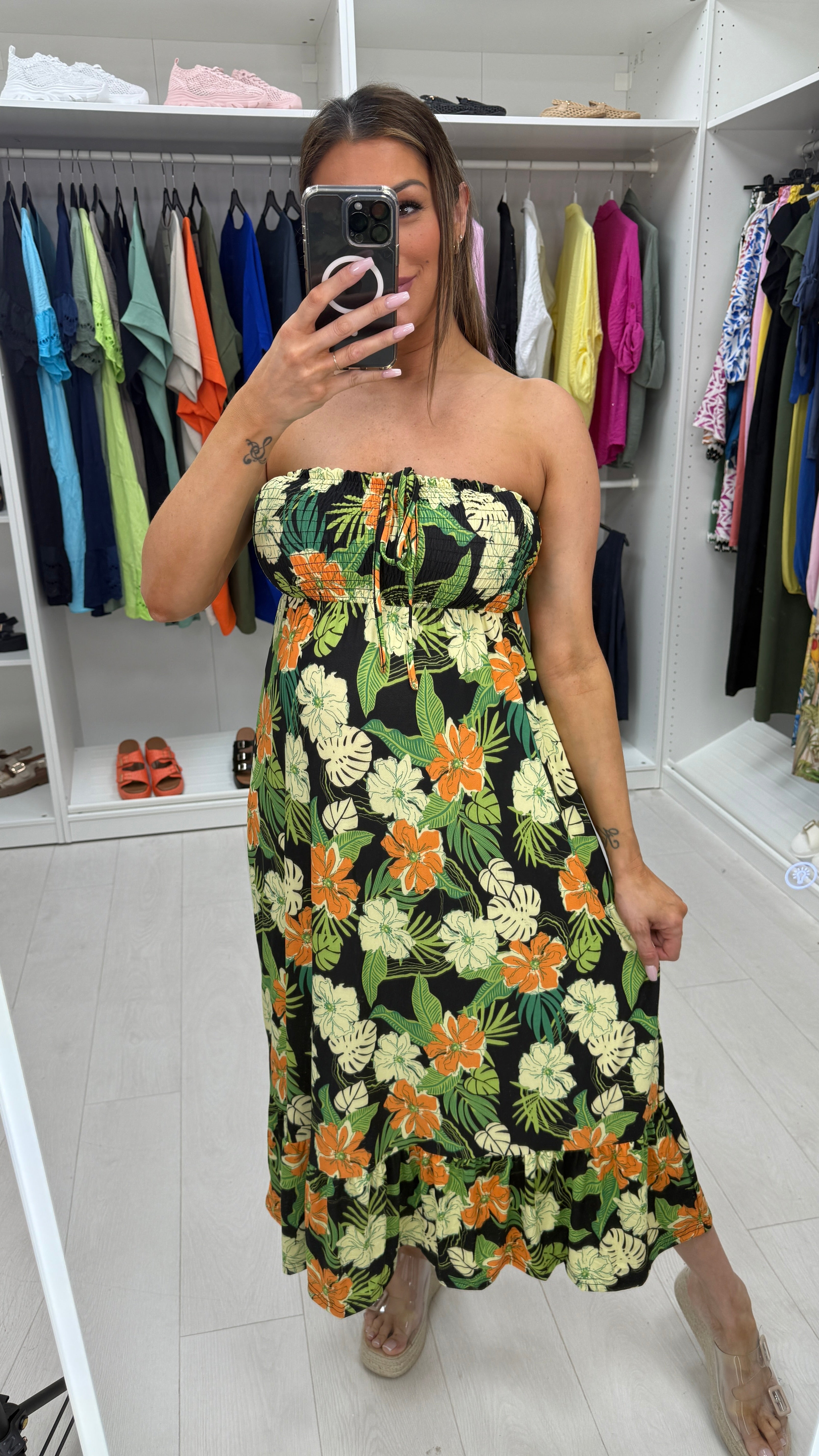 Senima Floral Print Tie Neck Midi Dress