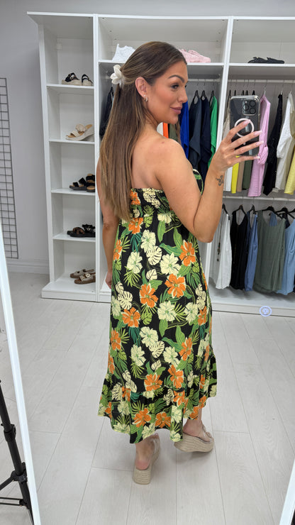 Senima Floral Print Tie Neck Midi Dress