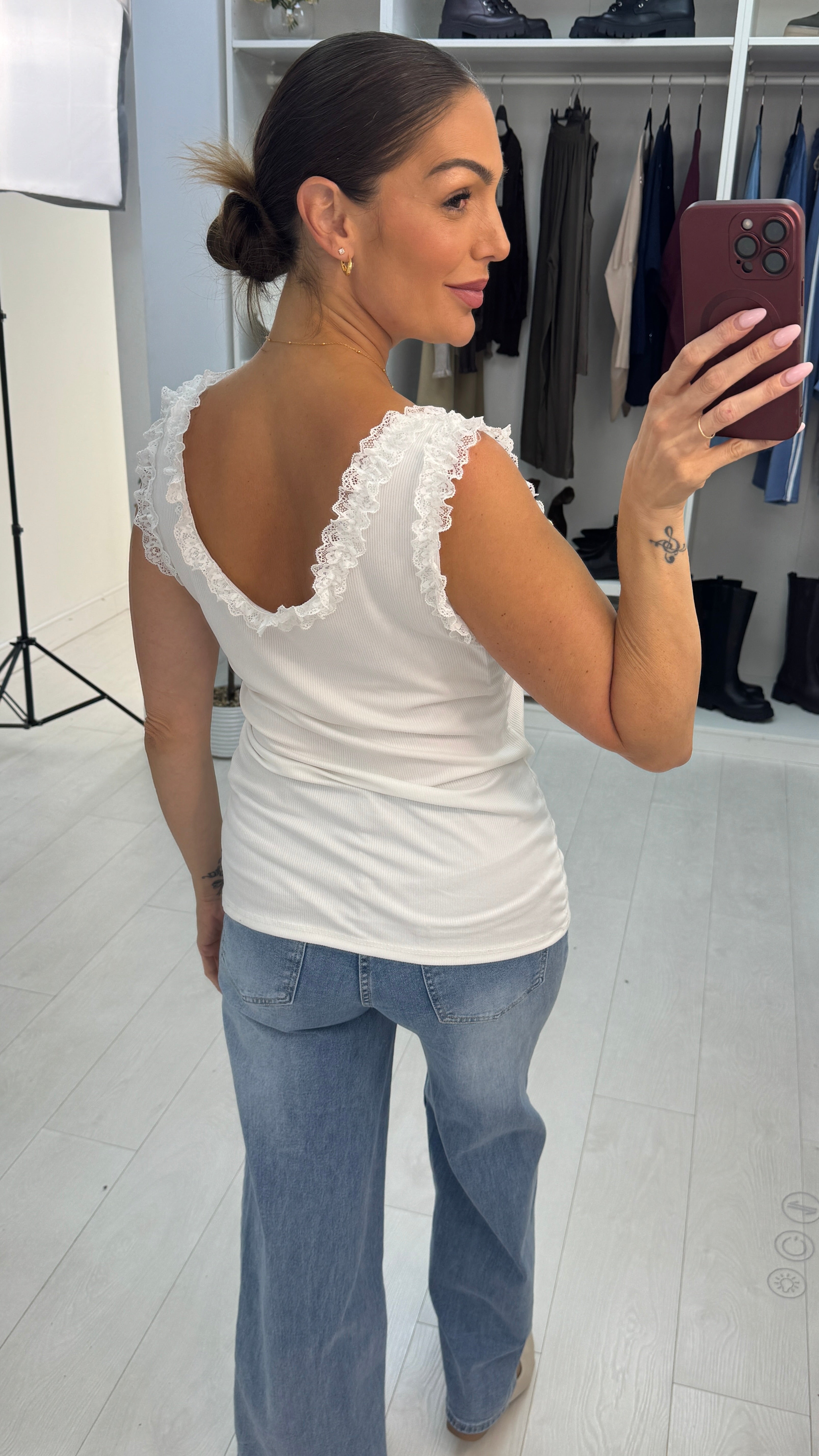 Pascal Plain Ribbed Lace Trim Vest Top