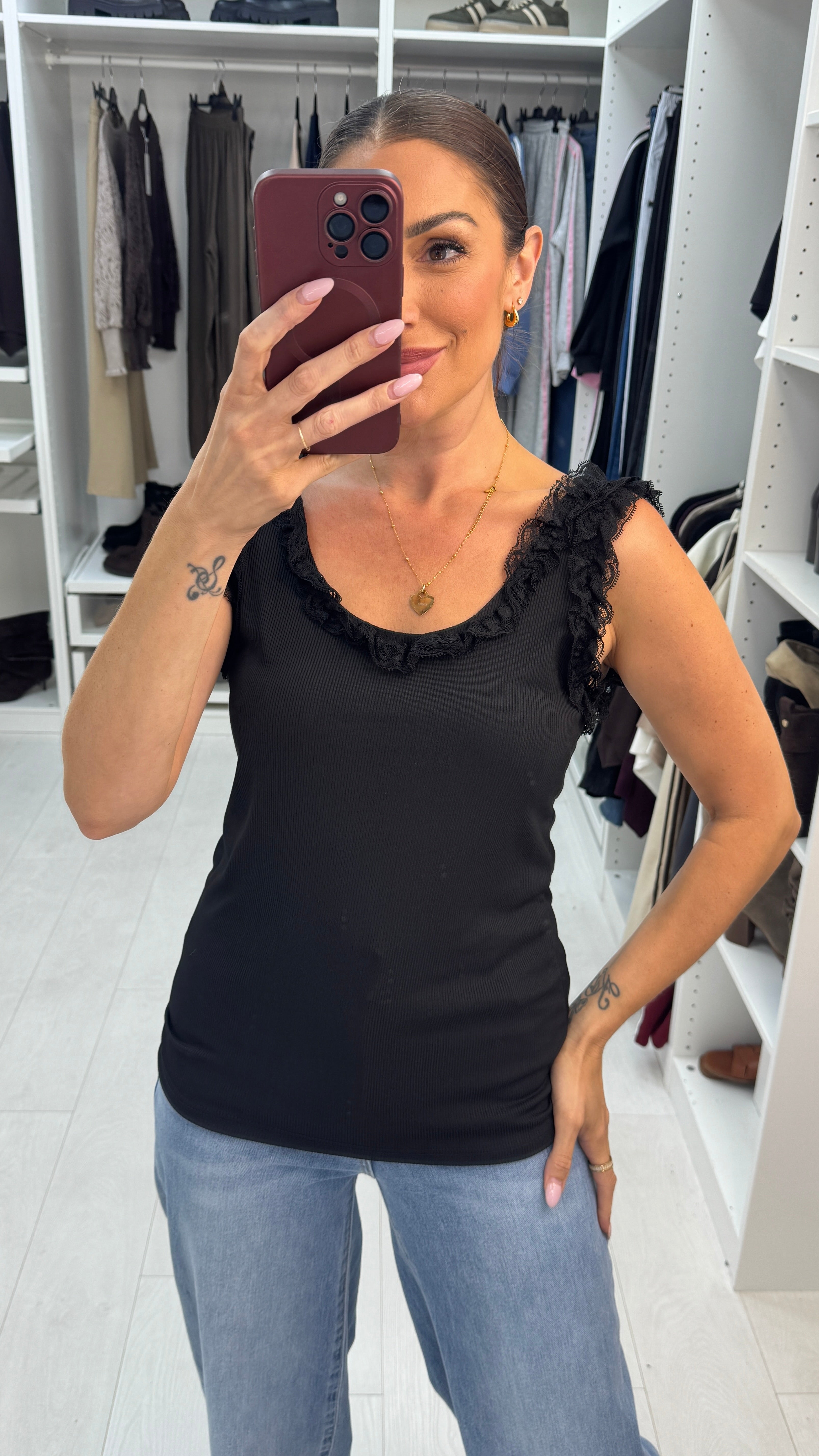 Pascal Plain Ribbed Lace Trim Vest Top