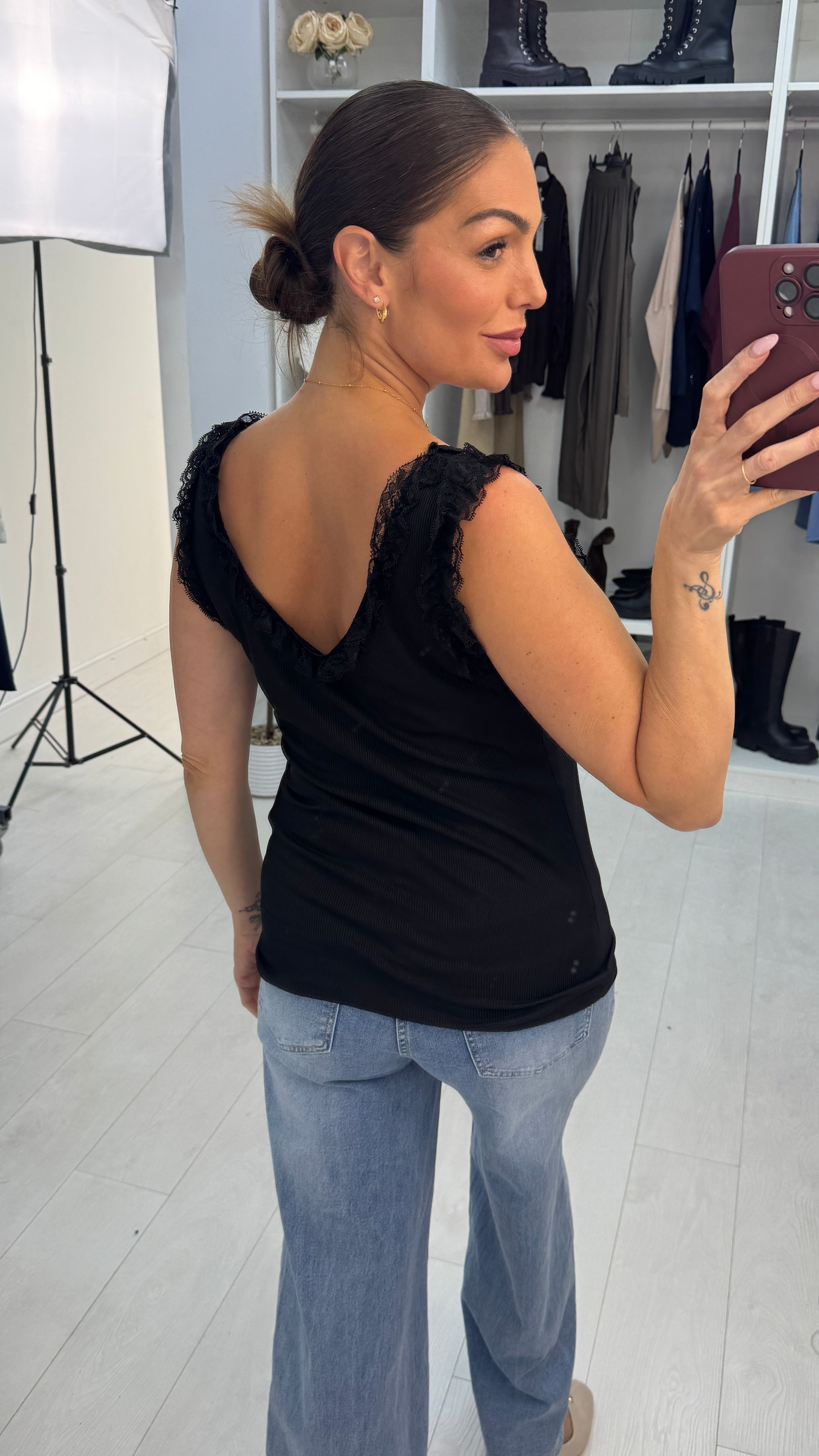 Pascal Plain Ribbed Lace Trim Vest Top