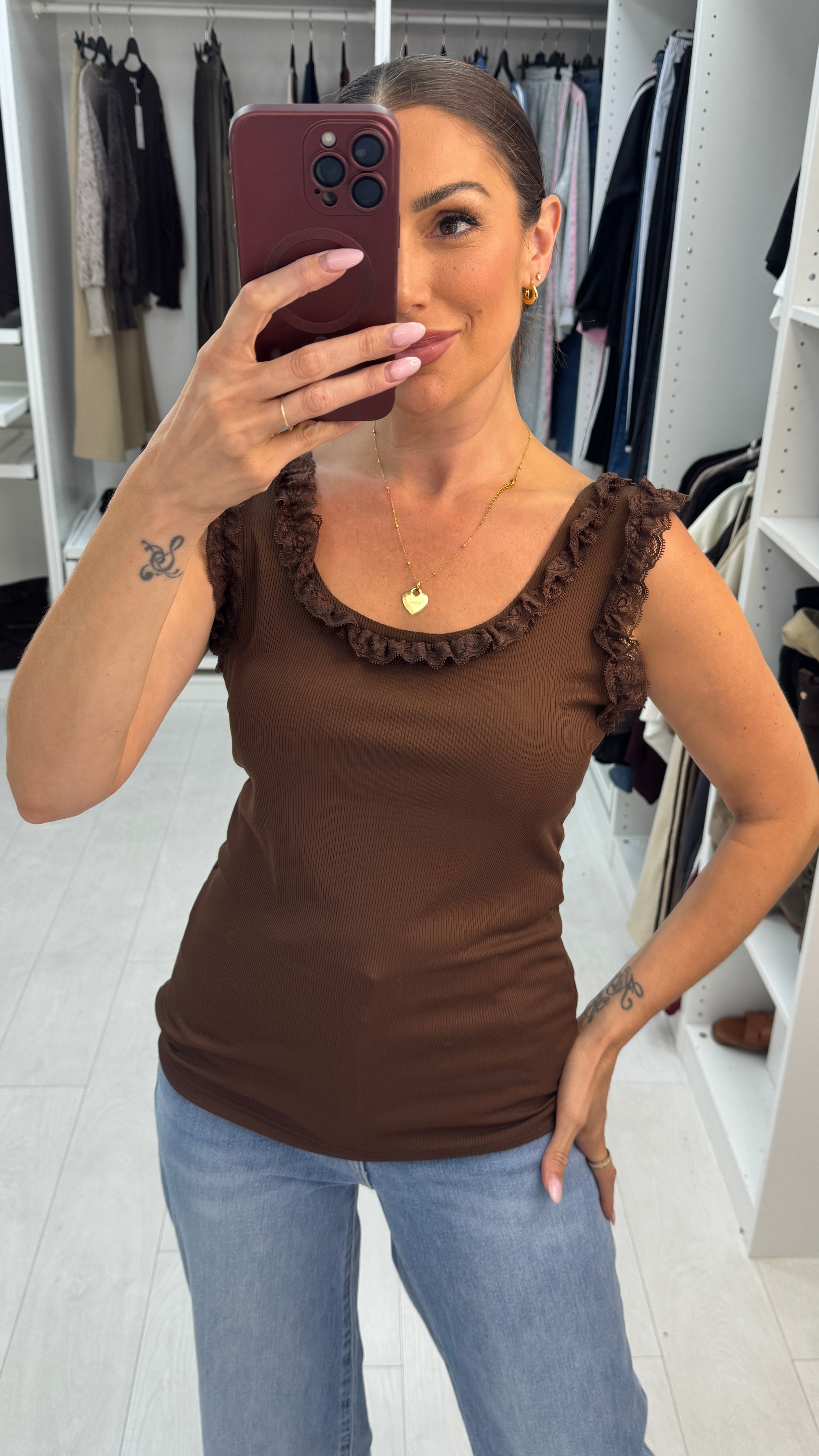 Pascal Plain Ribbed Lace Trim Vest Top