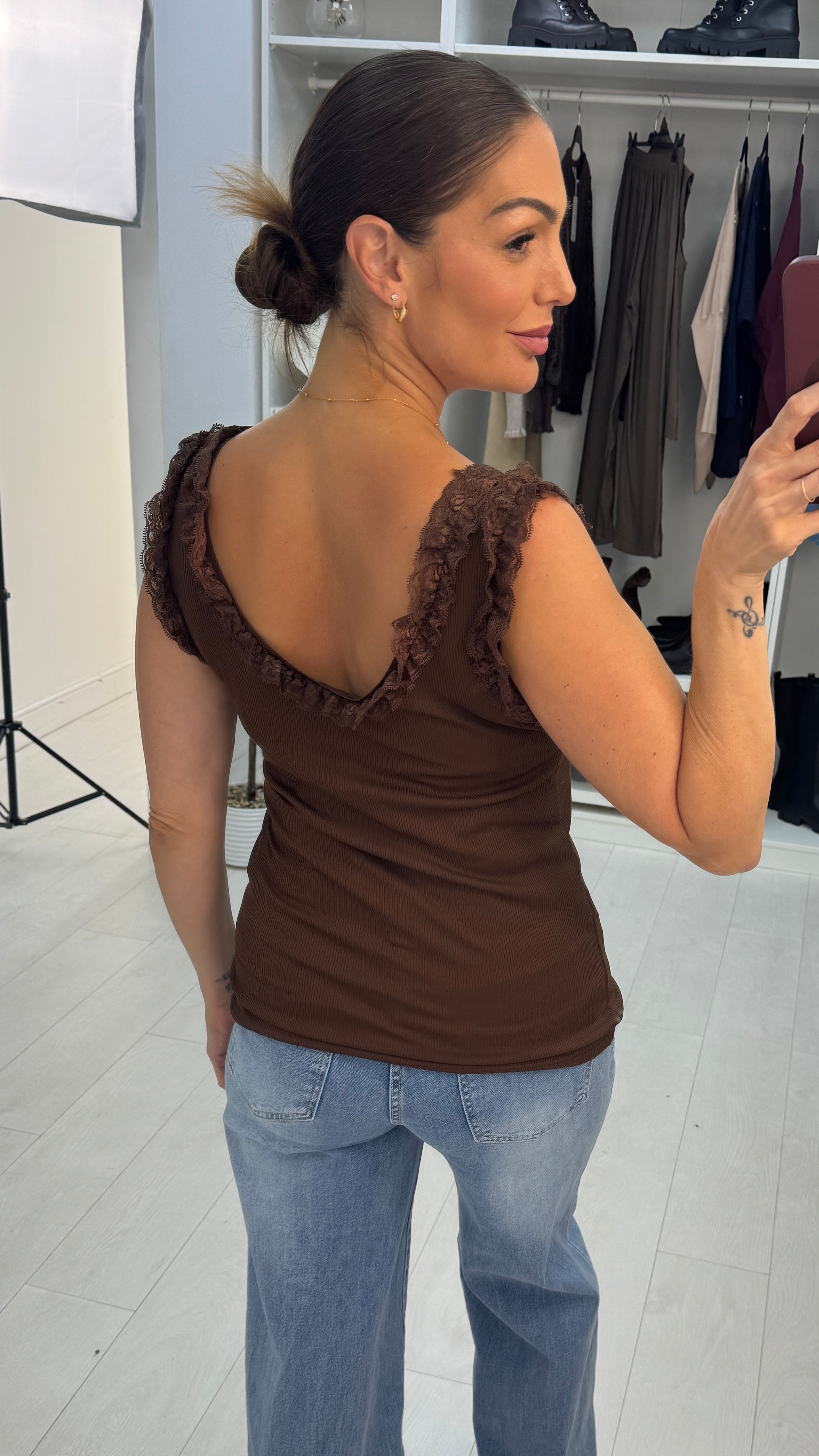 Pascal Plain Ribbed Lace Trim Vest Top