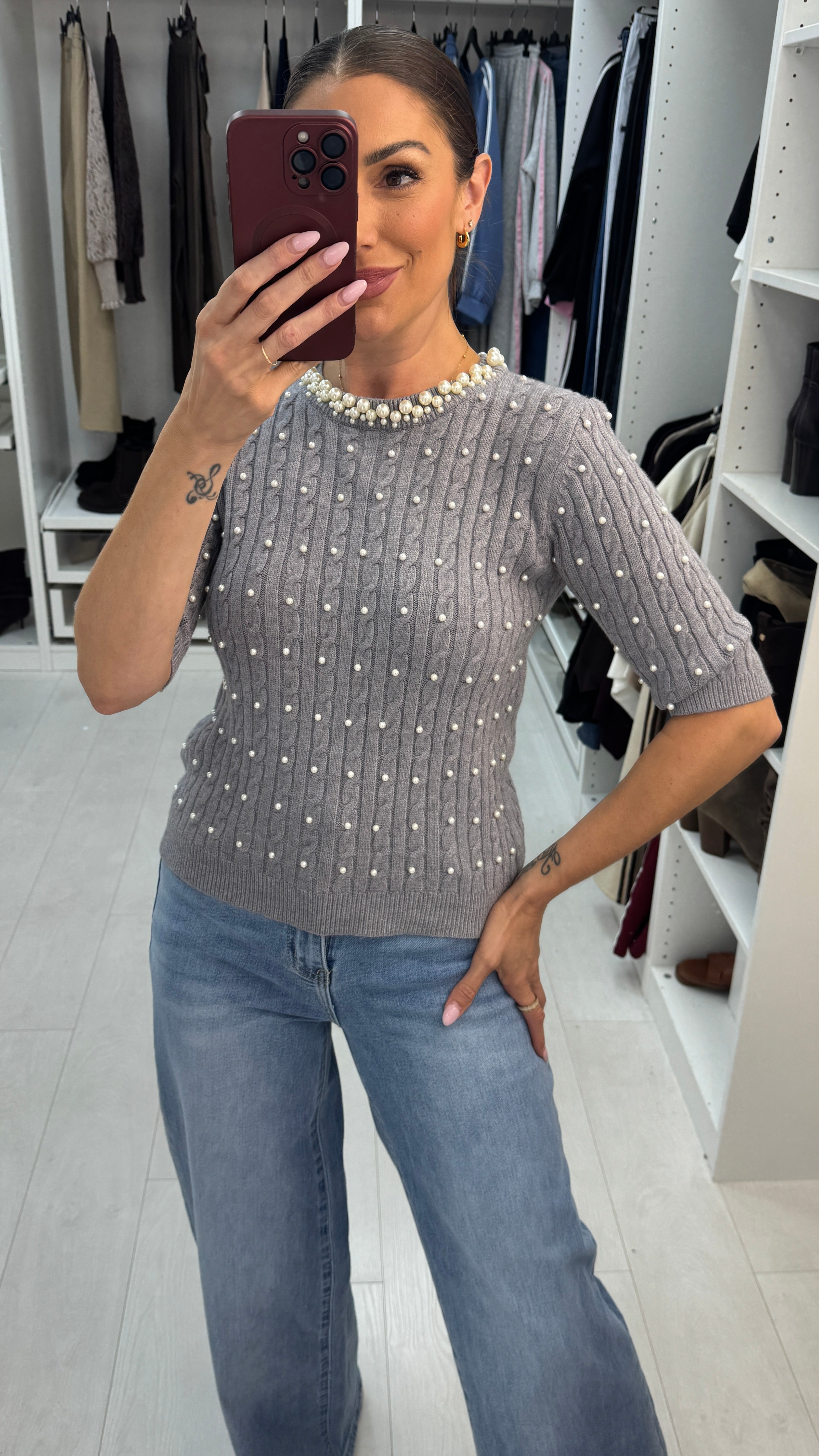 Umie Pearl Embellished Cable Knit Jumper