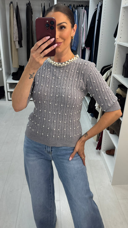Umie Pearl Embellished Cable Knit Jumper