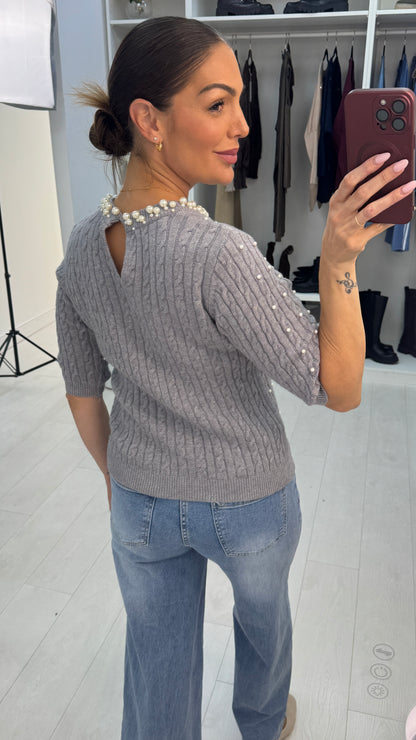 Umie Pearl Embellished Cable Knit Jumper