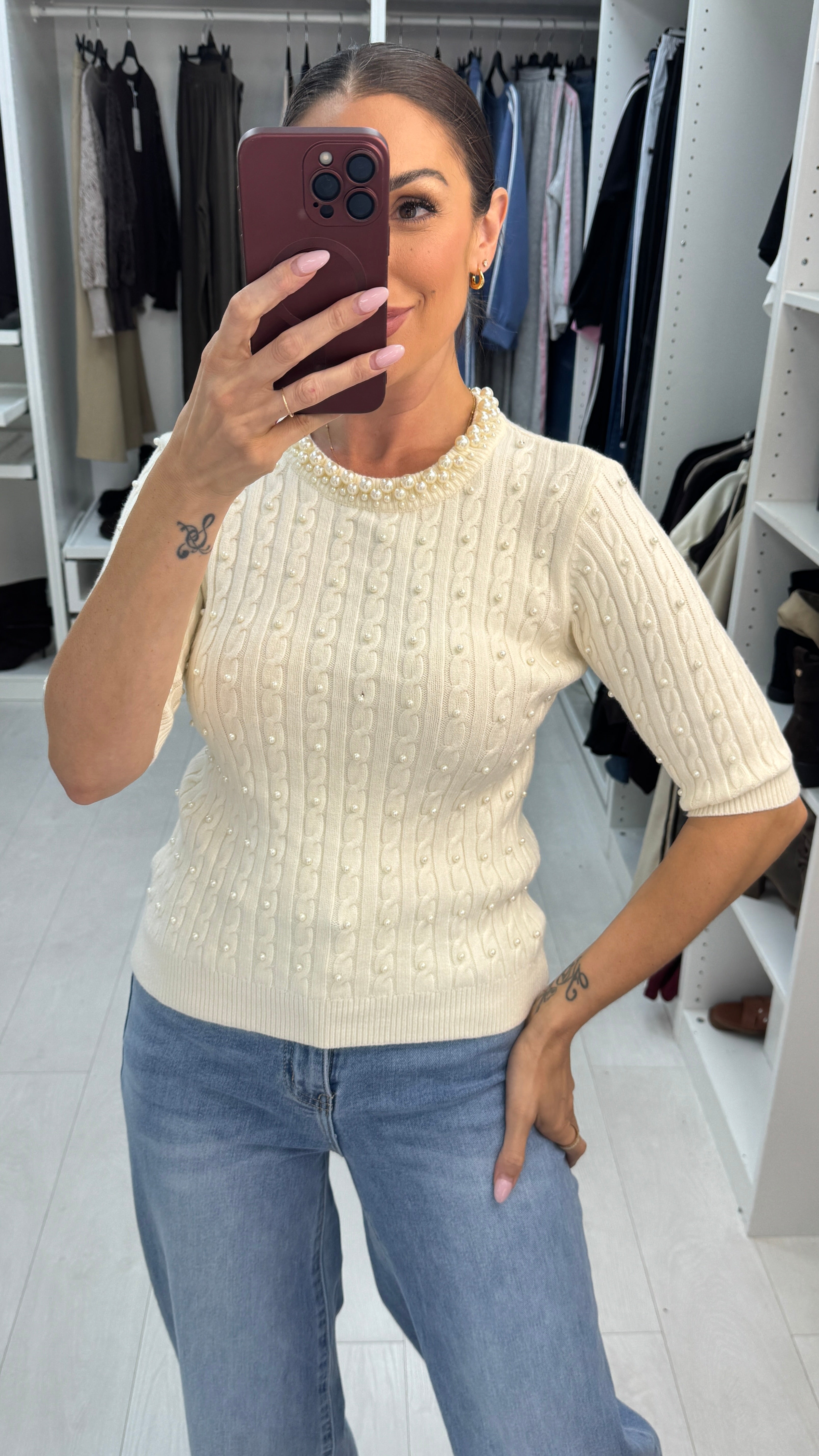 Umie Pearl Embellished Cable Knit Jumper