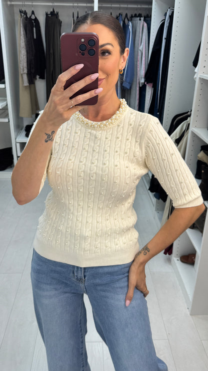 Umie Pearl Embellished Cable Knit Jumper