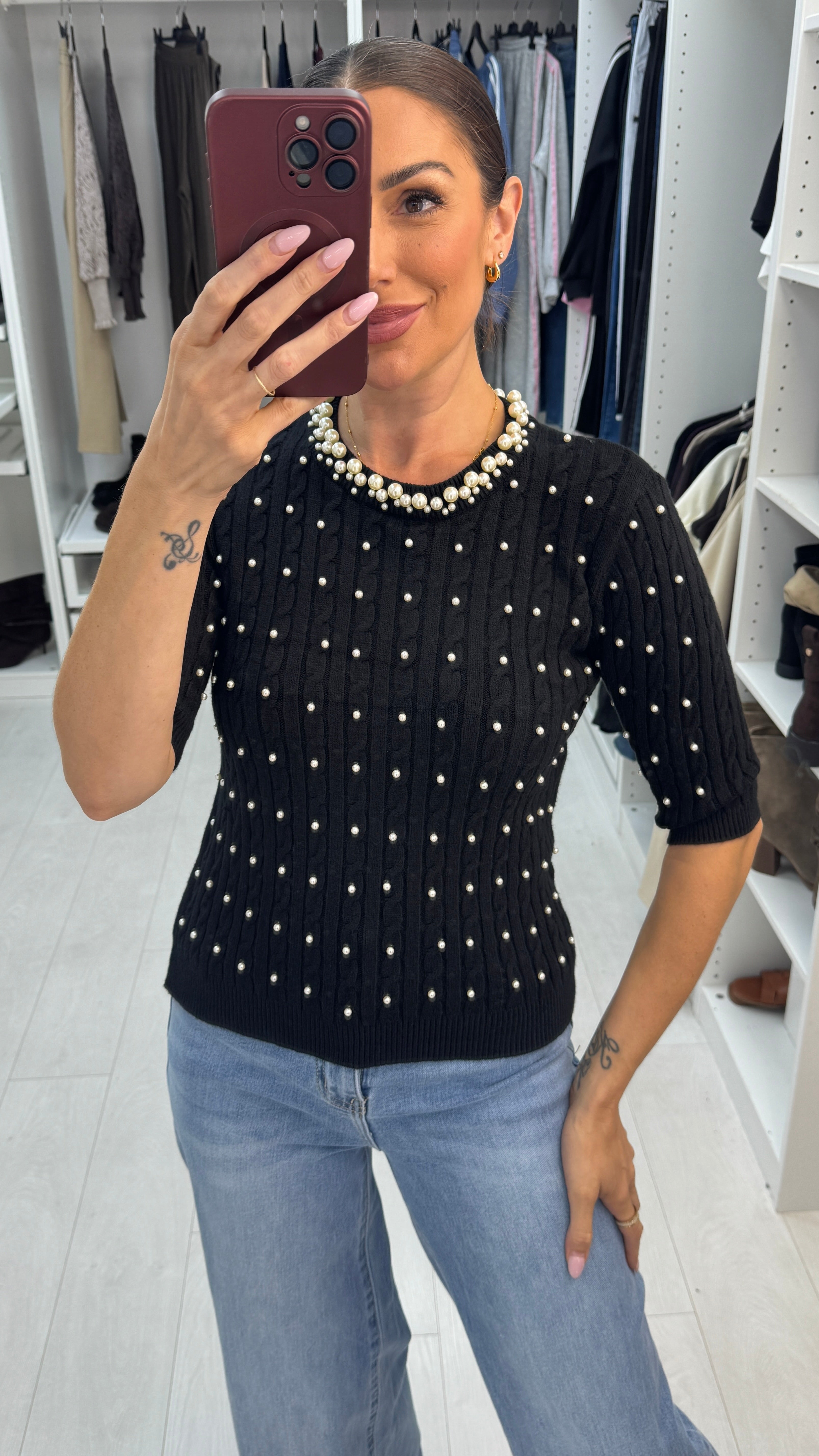 Umie Pearl Embellished Cable Knit Jumper