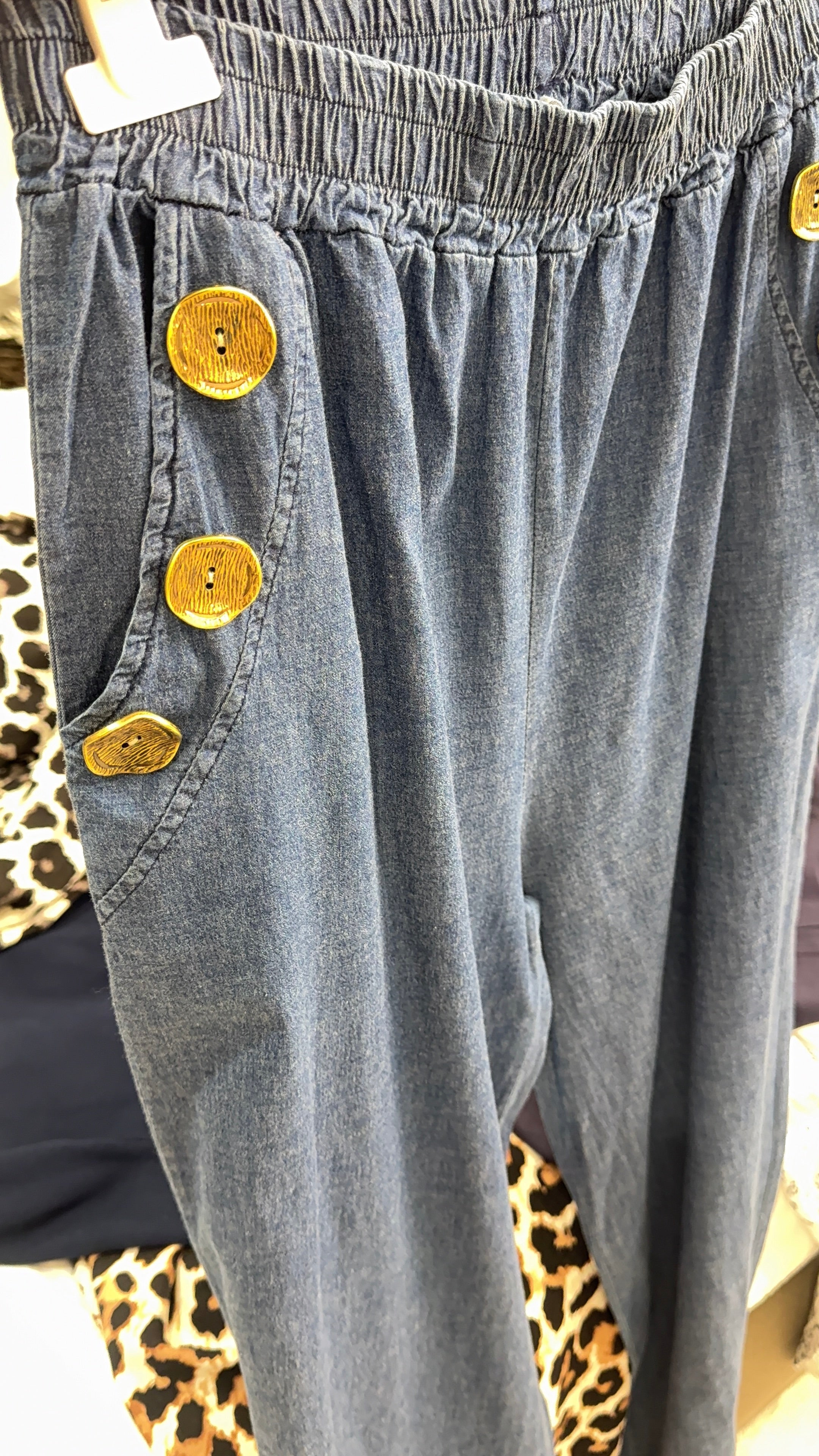 Kalia Embellished Button Wide Leg Denim Trousers