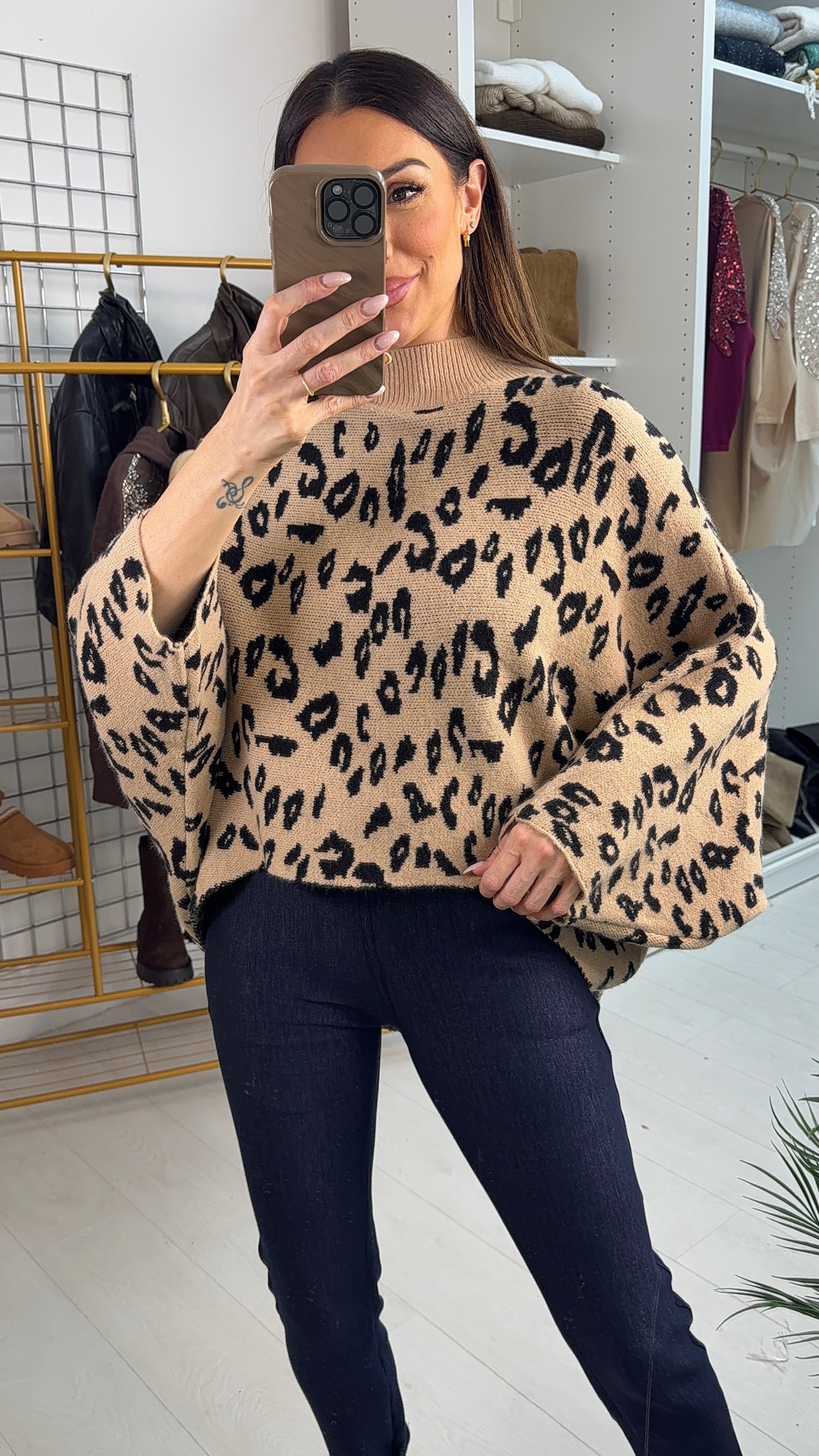 Carlie Animal Print Loose Fit Dipped Hem Jumper