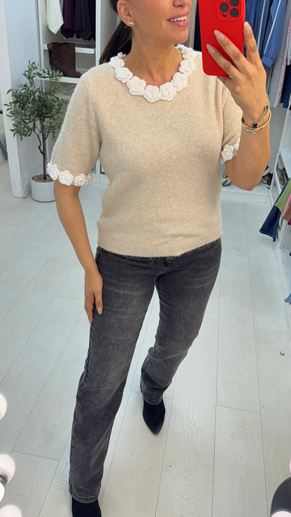Ulani Crochet Flower Detailed Short Sleeve Jumper