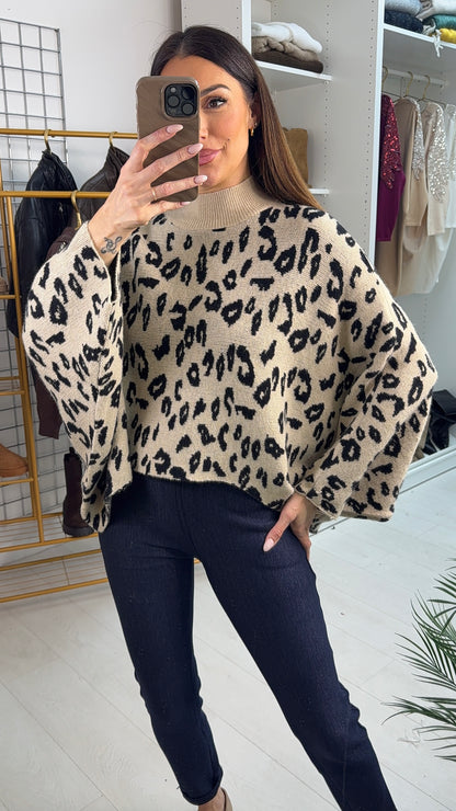 Carlie Animal Print Loose Fit Dipped Hem Jumper