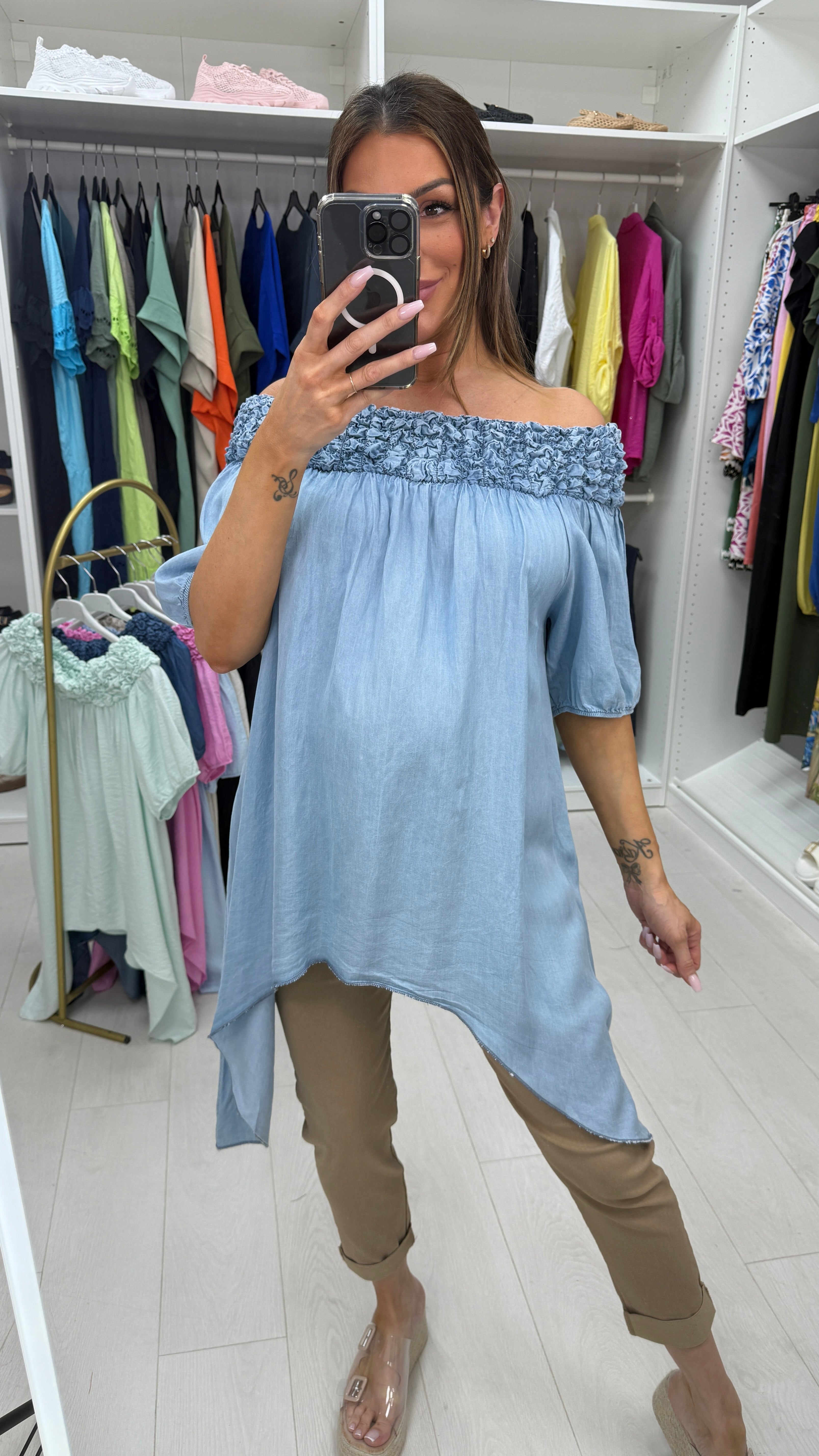 Siara Asymmetric Denim Bardot Top