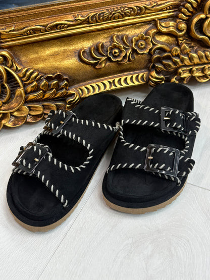 Caity Faux Suede Stitched Hem Buckle Sliders