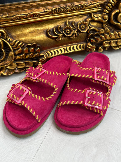 Caity Faux Suede Stitched Hem Buckle Sliders