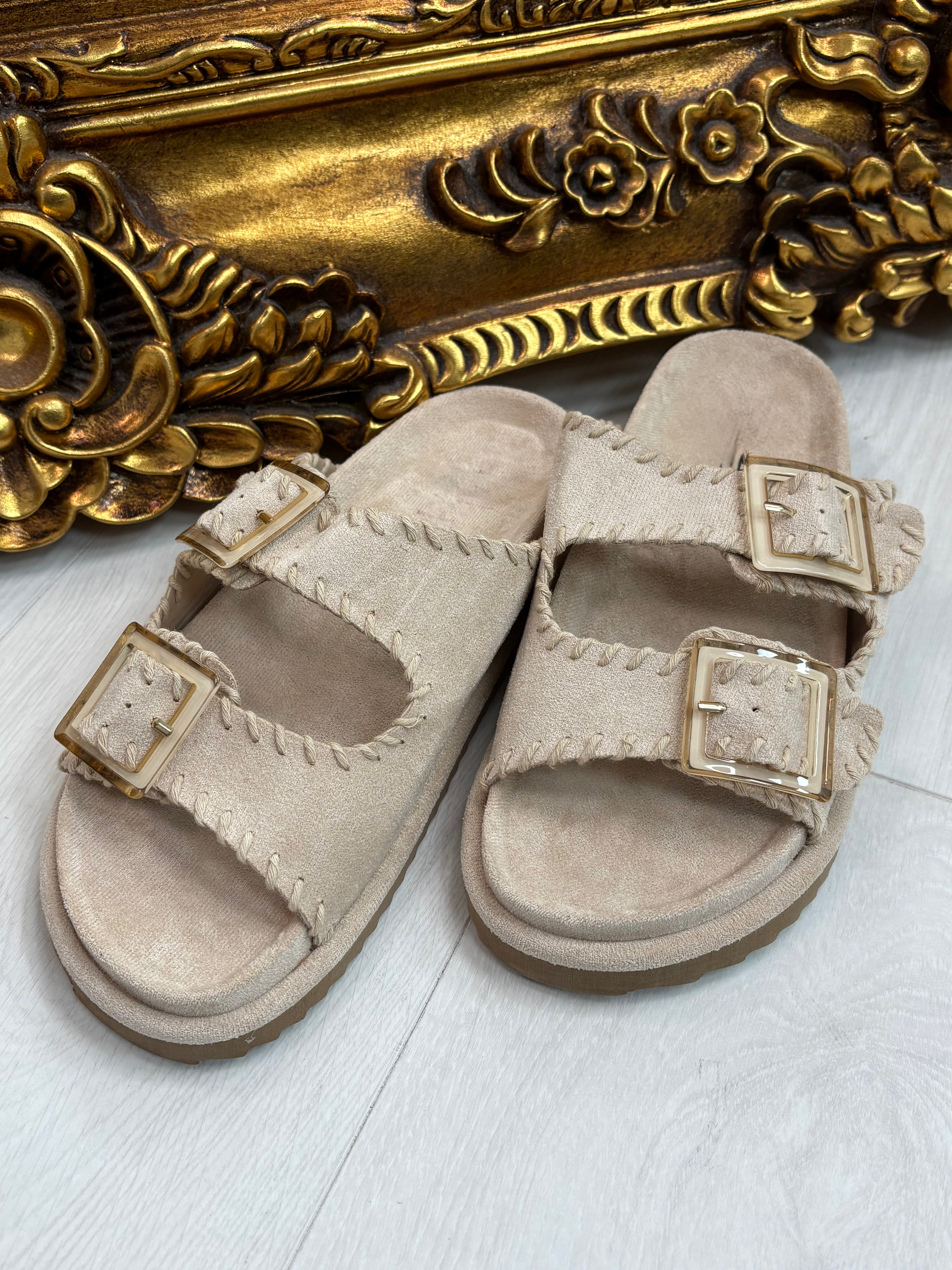 Caity Faux Suede Stitched Hem Buckle Sliders