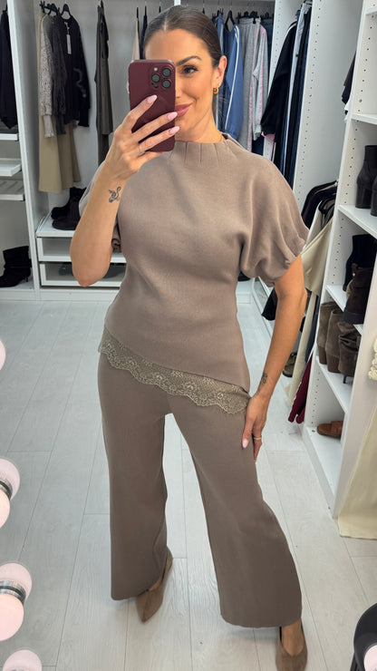 Oriella Plain Lace Trim Asymmetric Co-Ord Set