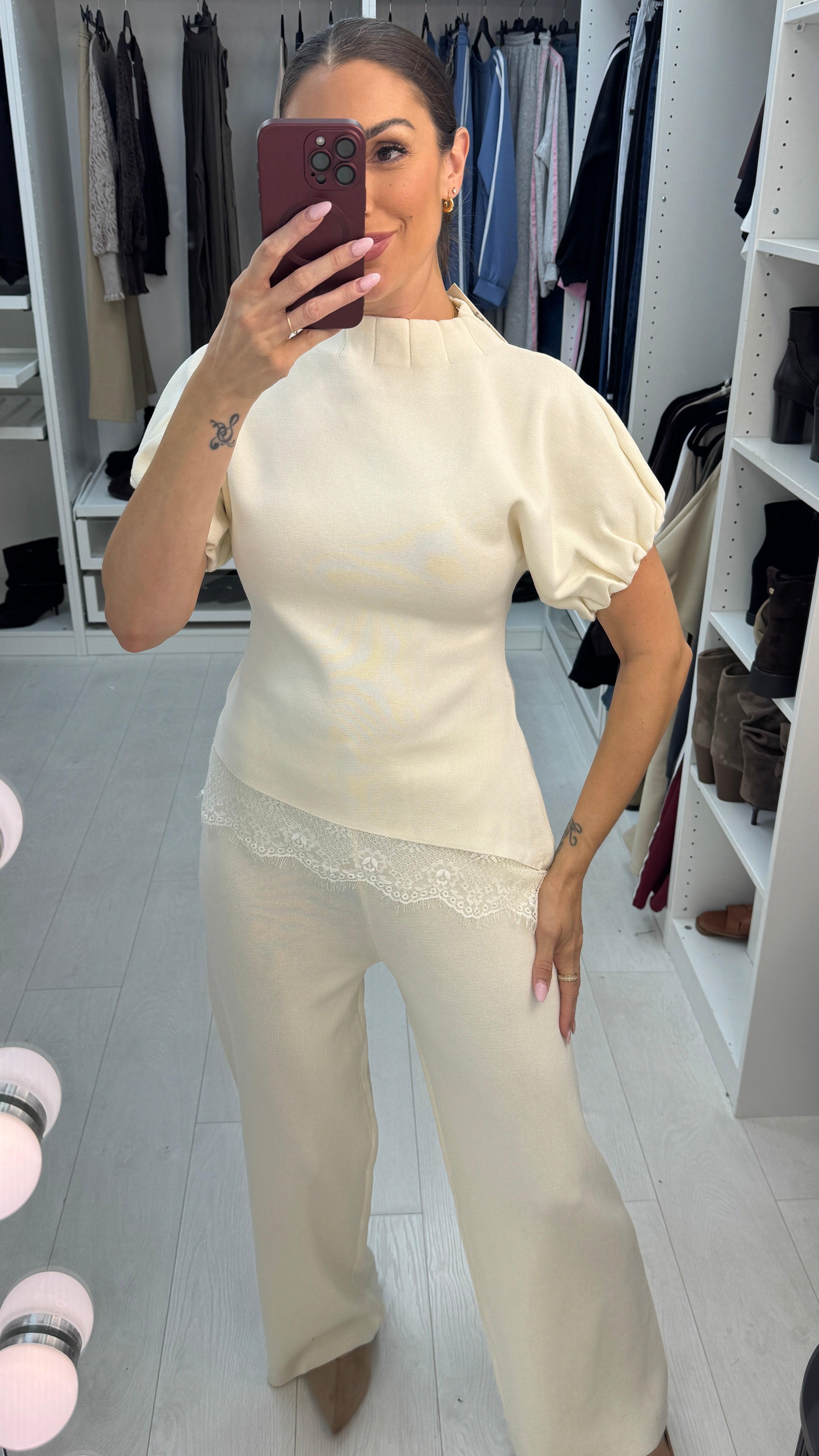 Oriella Plain Lace Trim Asymmetric Co-Ord Set
