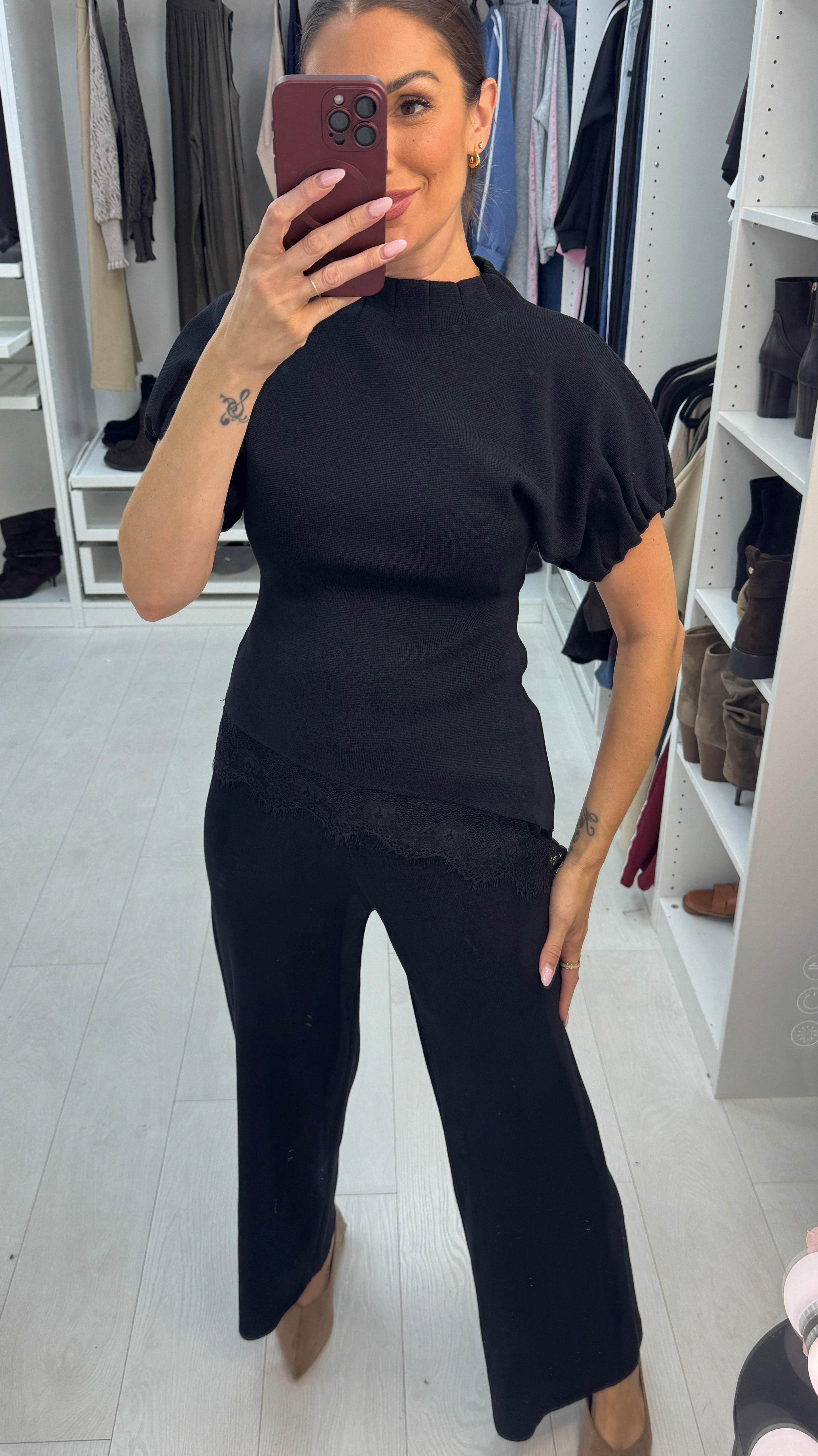 Oriella Plain Lace Trim Asymmetric Co-Ord Set