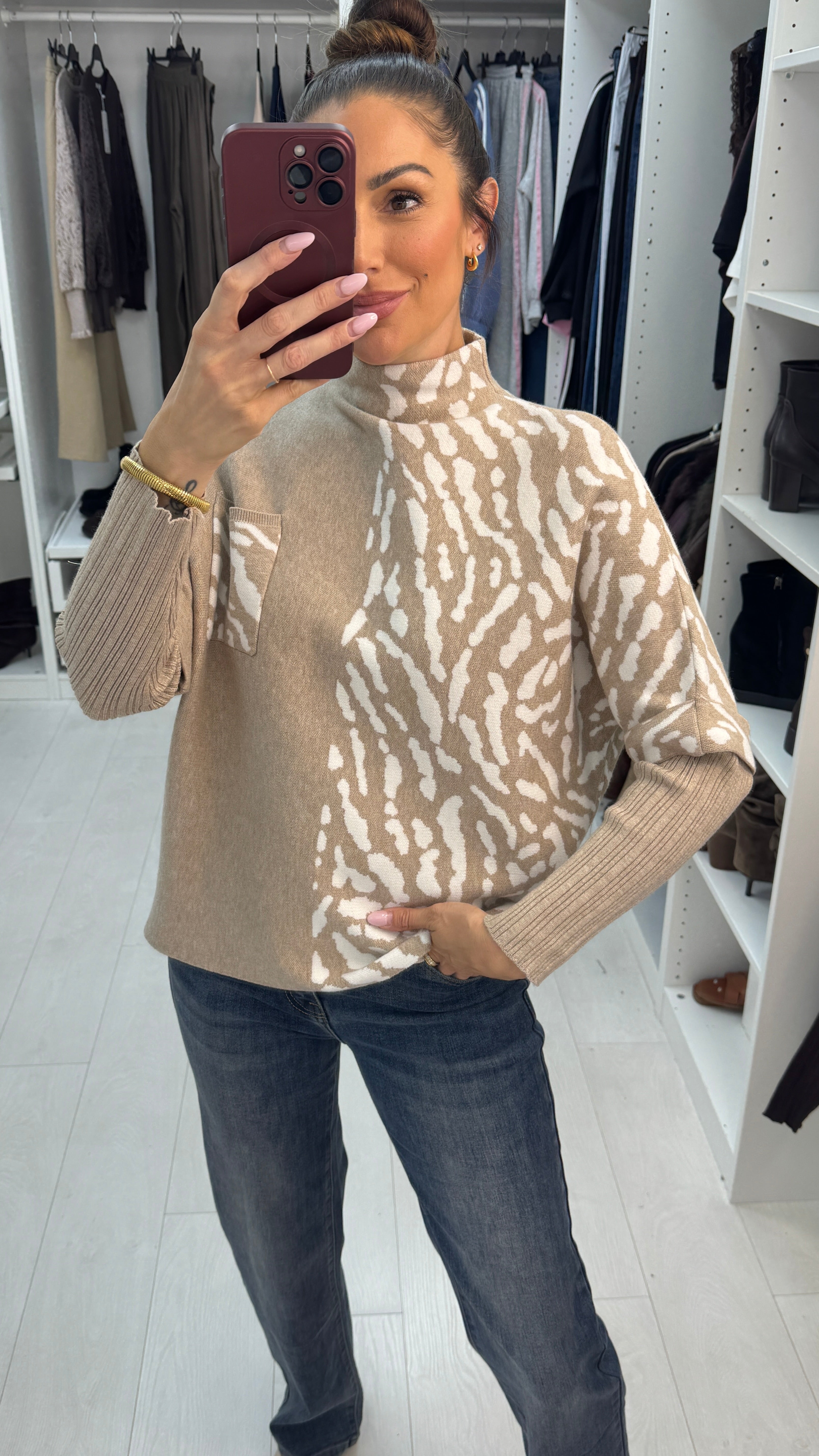 Becka Animal Print High Neck Loose Fit Jumper