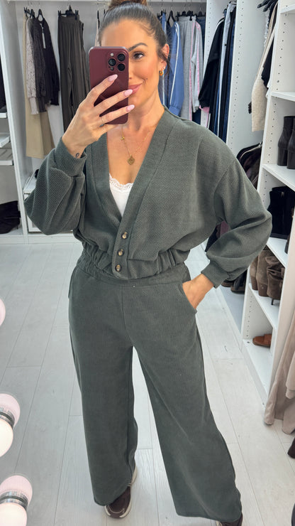 Naria Plain Corduroy Cardigan Loungewear Set