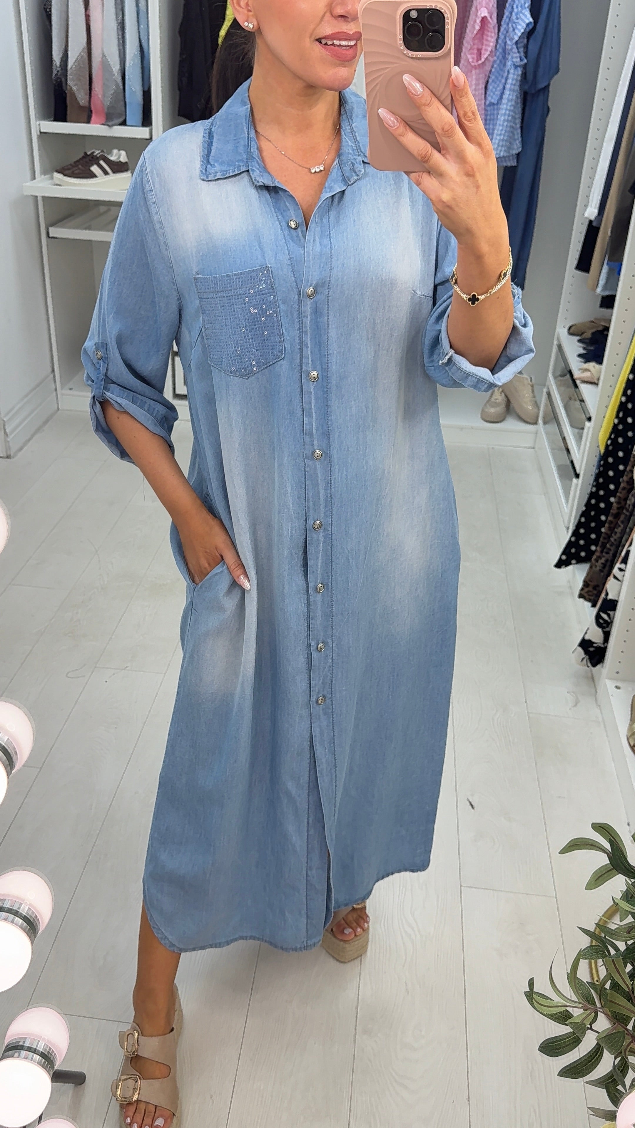 Gabriella Denim Sequin Pocket Detail Maxi Shirt Dress