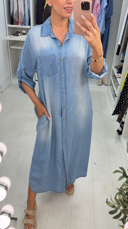 Gabriella Denim Sequin Pocket Detail Maxi Shirt Dress