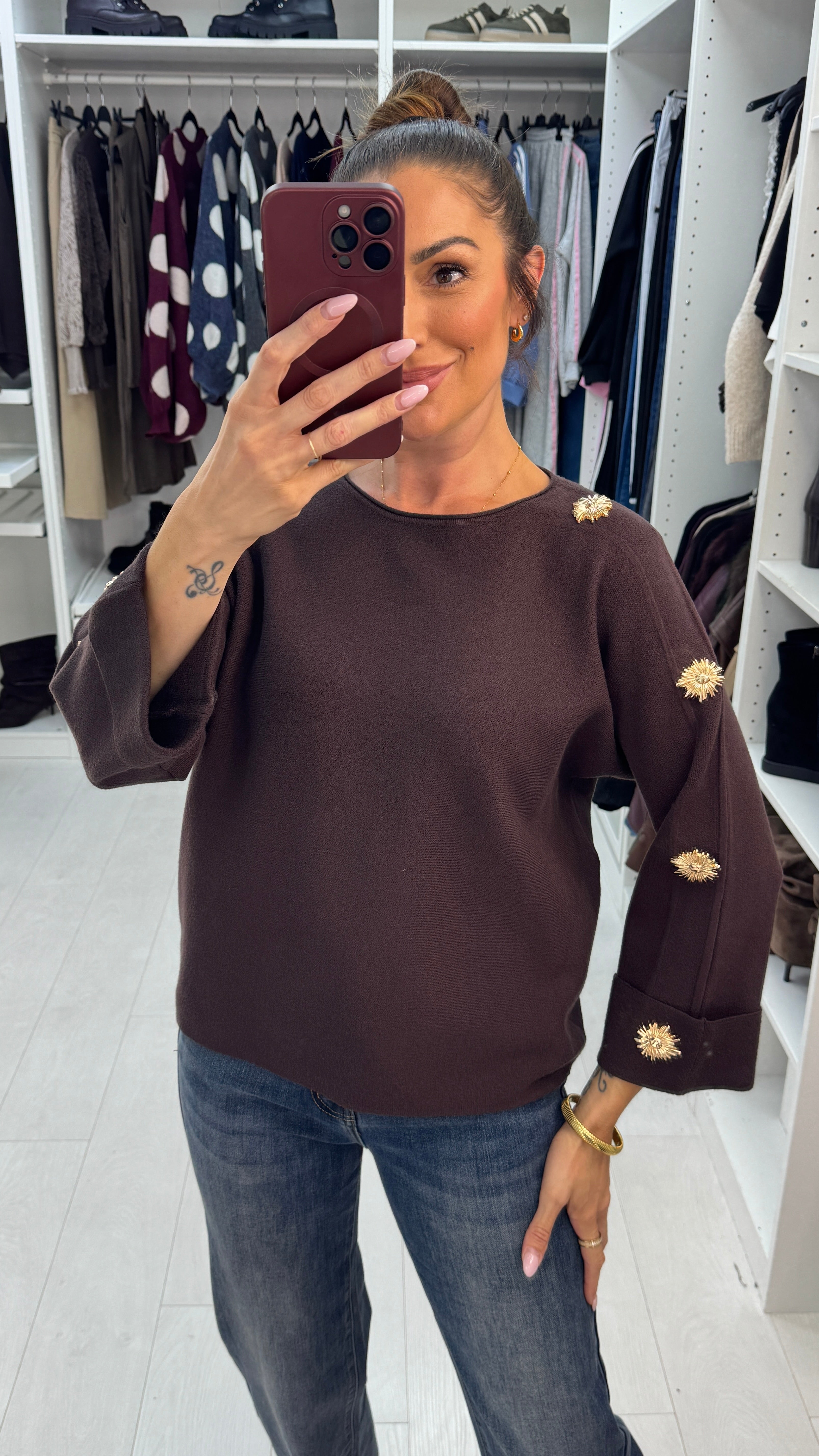 Olena Plain Embellished Sleeve Jumper