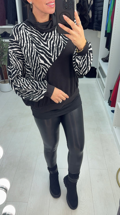 Elice Zebra Print Cowl Neck Loose Fit Jumper