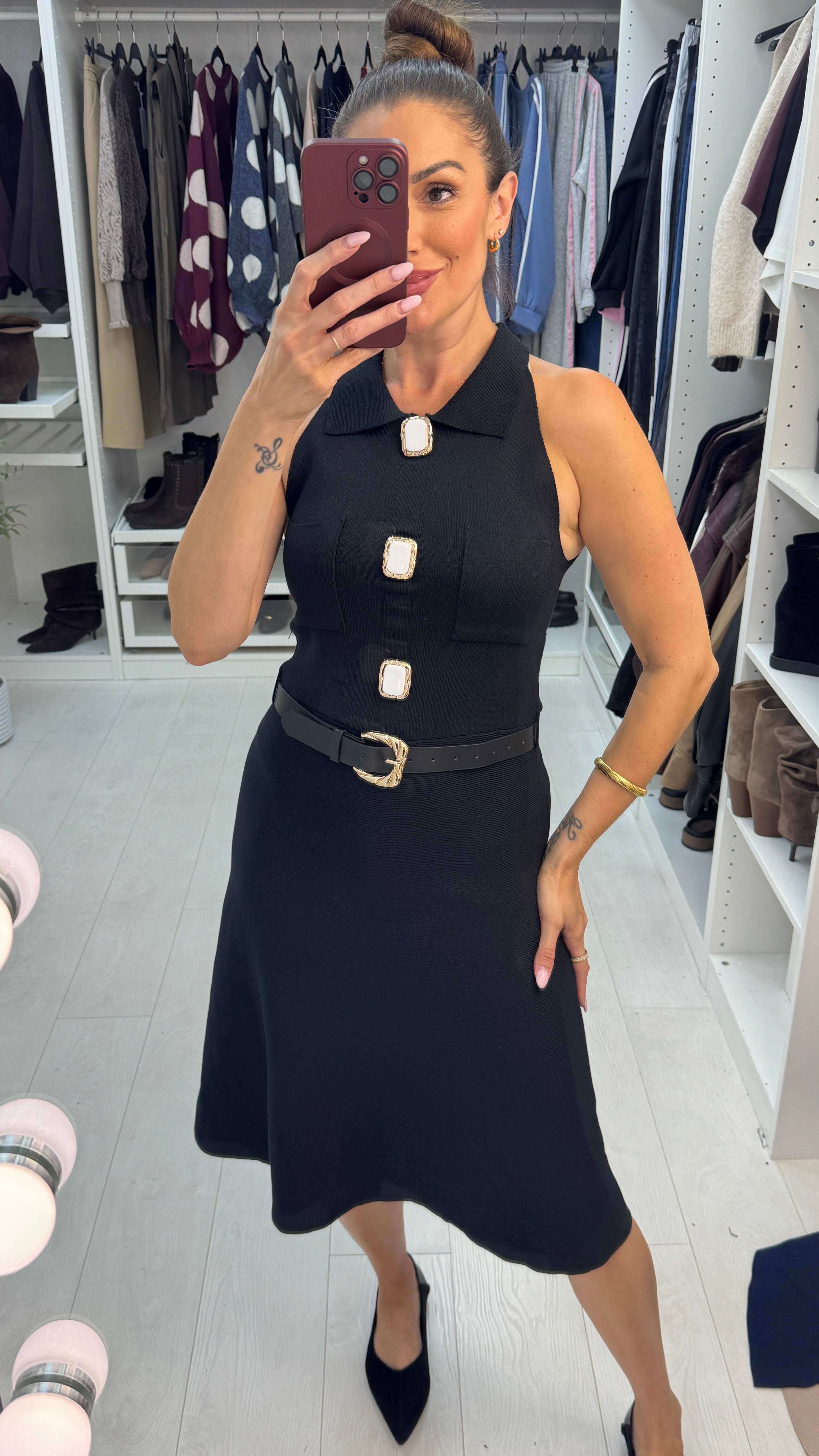 Tyler Sleeveless Embellished Button Belted Midi Dress