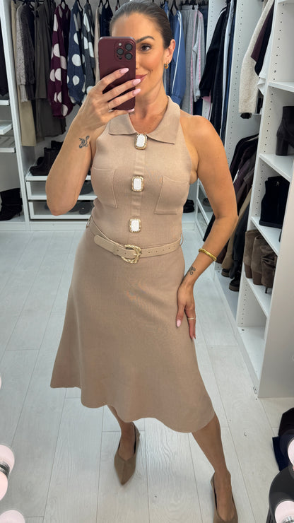 Tyler Sleeveless Embellished Button Belted Midi Dress