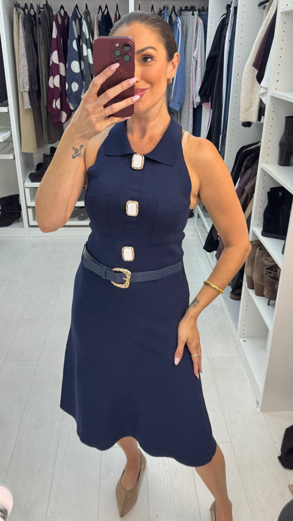 Tyler Sleeveless Embellished Button Belted Midi Dress