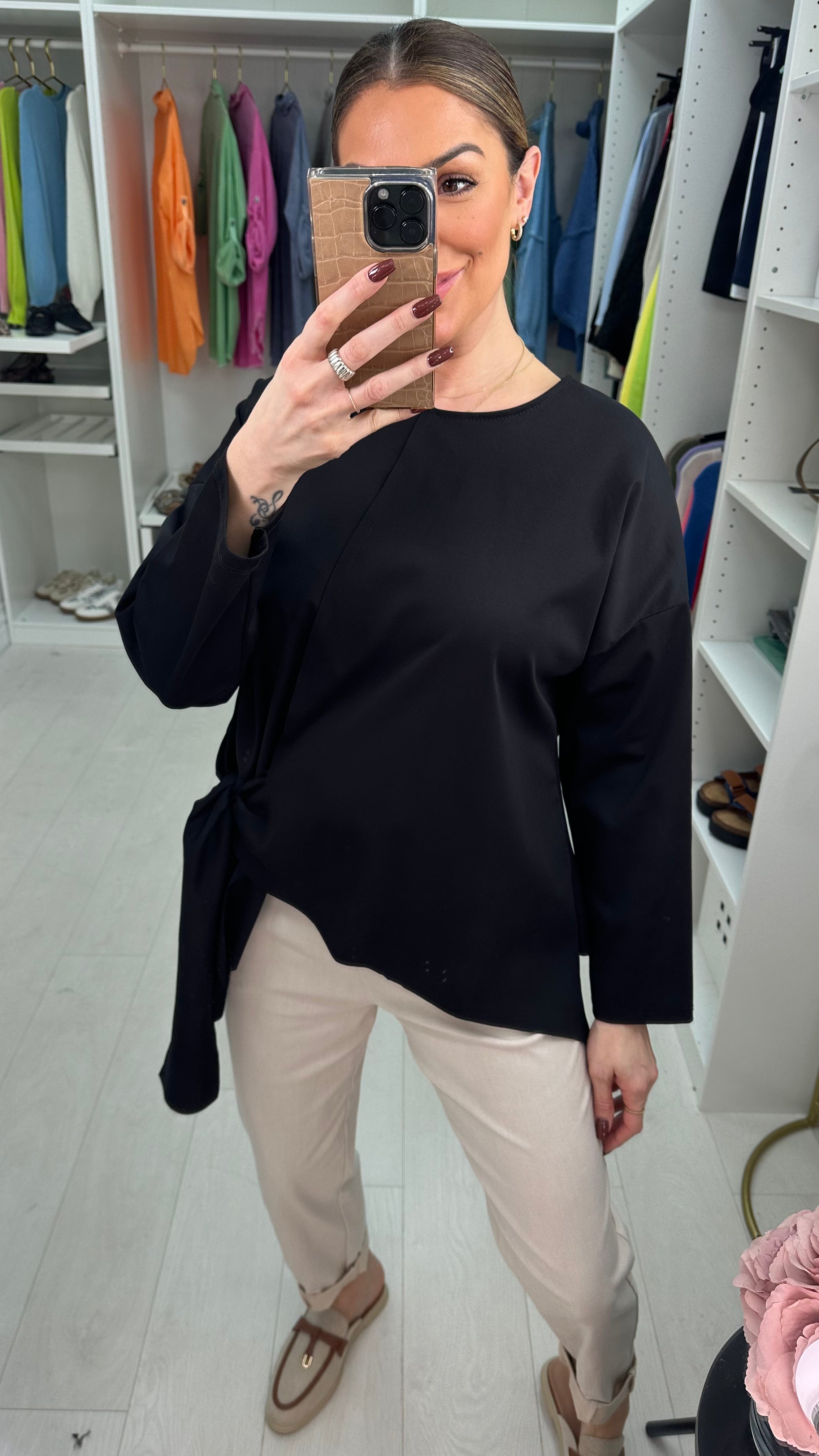 Ashley Plain Tie Front Asymmetric Top